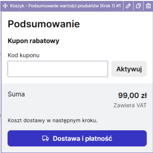Moduł: Podsumowanie wartości produktów Krok 1 Kluczowy moduł z pierwszej strony koszyka w szablonie Storefront