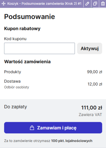 Modul: Podsumowanie zamówienia Krok 2 Kluczowy moduł z drugiej strony koszyka w szablonie Storefront