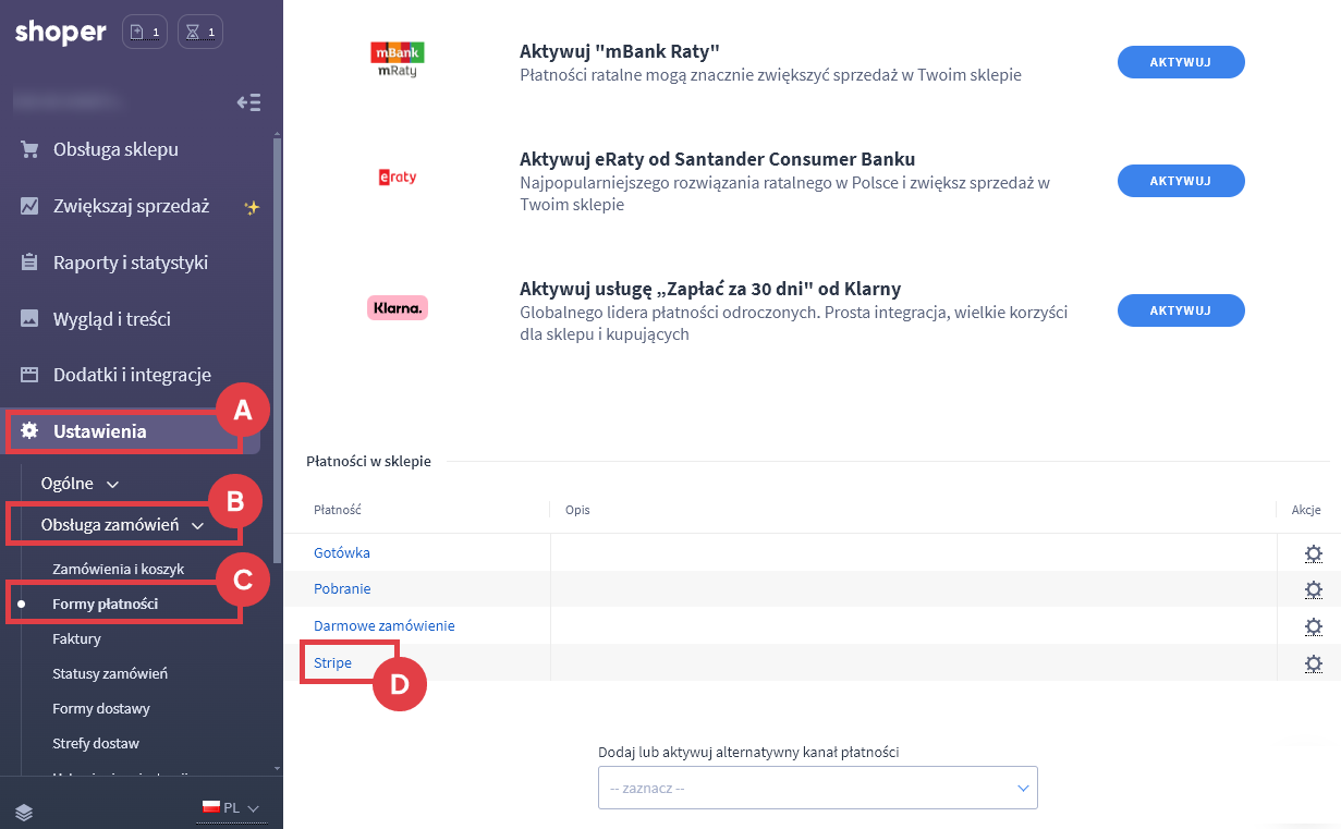Przejdź do edycji płatności Stripe Przejśćie do edycji płatności Stripe w panelu administracyjnym sklepu Shoper