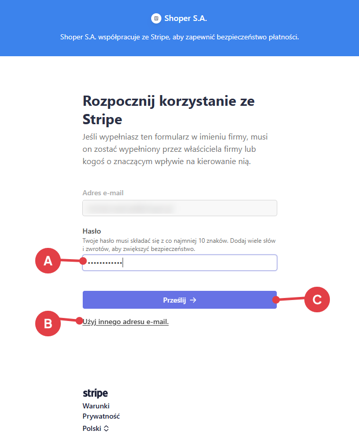 Podaj hasło do konta Stripe i kliknij: Prześlij Ustawianie hasła do konta w formularzu aktywacyjnym płatności Stripe