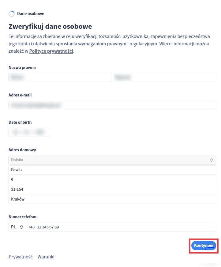 Uzupełnij pozostałe dane i kliknij: Kontynuuj Uzupełnianie danych szczegółowych konta: Adres e-mail, adres domowy, numer telefonu