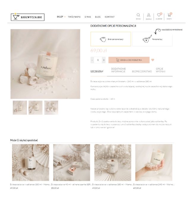 Koszyk sklepu nadzwyczajnie.pl Widok strony produktu w sklepie Nadzwyczajnie.pl na platformie Shoper – minimalistyczna świeca sojowa z opcją personalizacji oraz propozycjami podobnych produktów, które mogą Ci się spodobać.