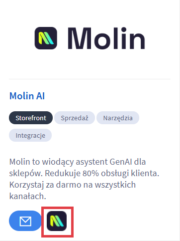 Przejdź do konfiguracji aplikacji Molin AI Skonfiguruj aplikcję w panelu sklepu Shoper w zakładce Dodatki i integracje > Moje aplikacje