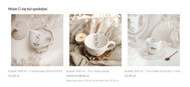 _aplikacja rekomendacja w sklepie nadzwyczajnie.pl Widok aplikacji Shoper Rekomendacje w sklepie Nadzwyczajnie.pl – minimalistyczne kubki i filiżanki polecane innym klientom, aby zakupy były jeszcze prostsze.