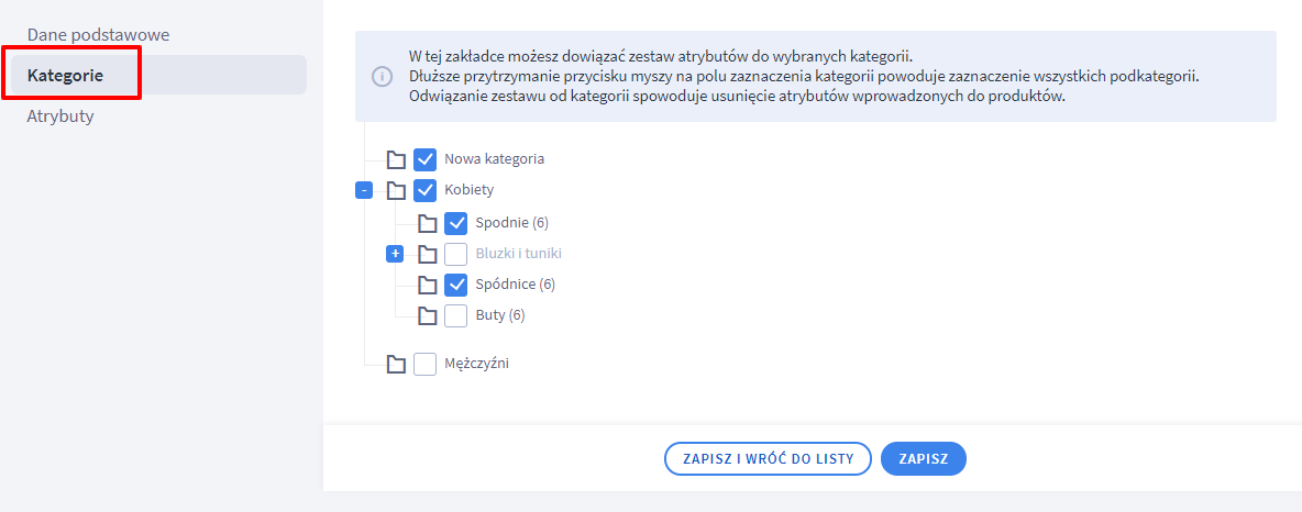 Wybór kategorii, w których dostępne będą stworzone atrybuty