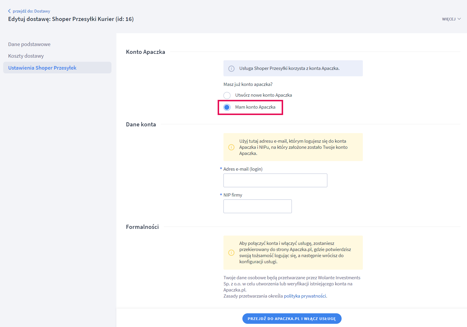 Shoper Przesyłki - konfiguracja konta