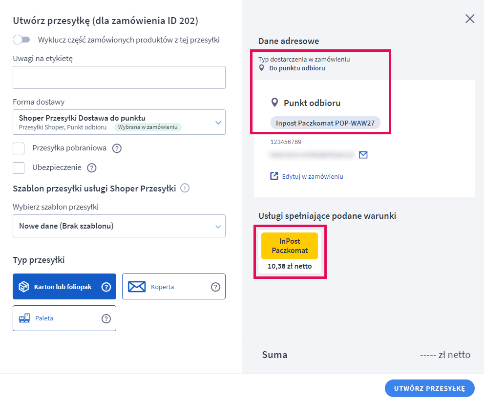 Shoper Przesyłki - tworzenie przesyłki