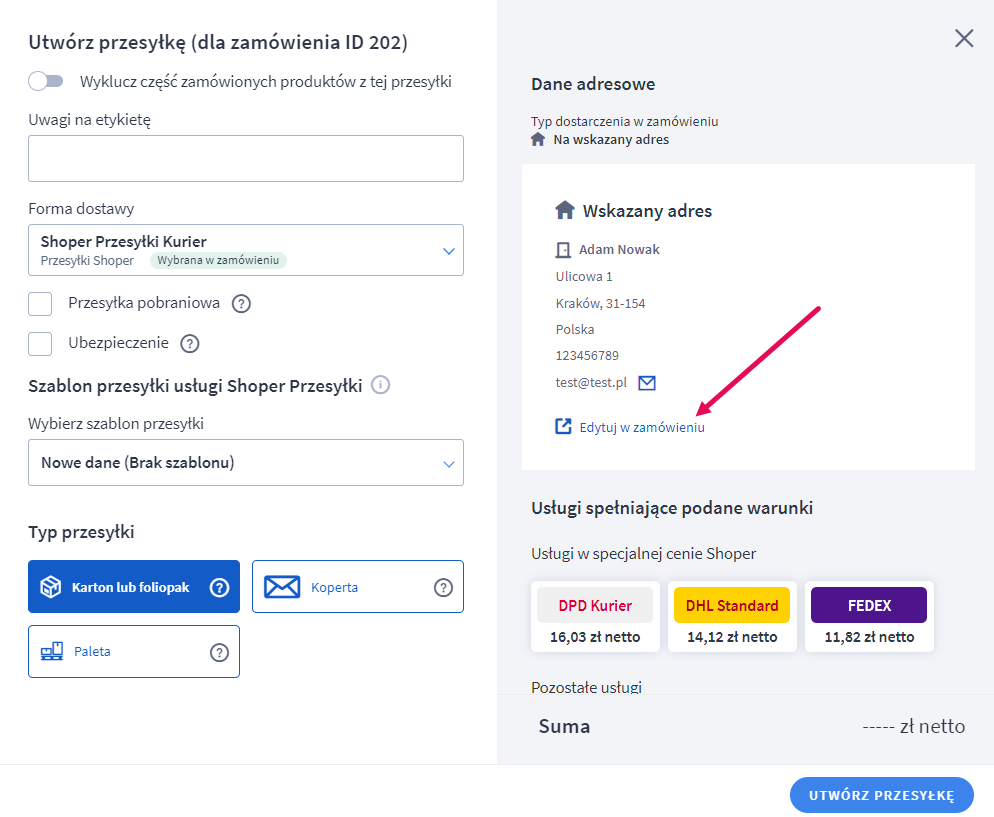 Shoper Przesyłki - tworzenie przesyłki