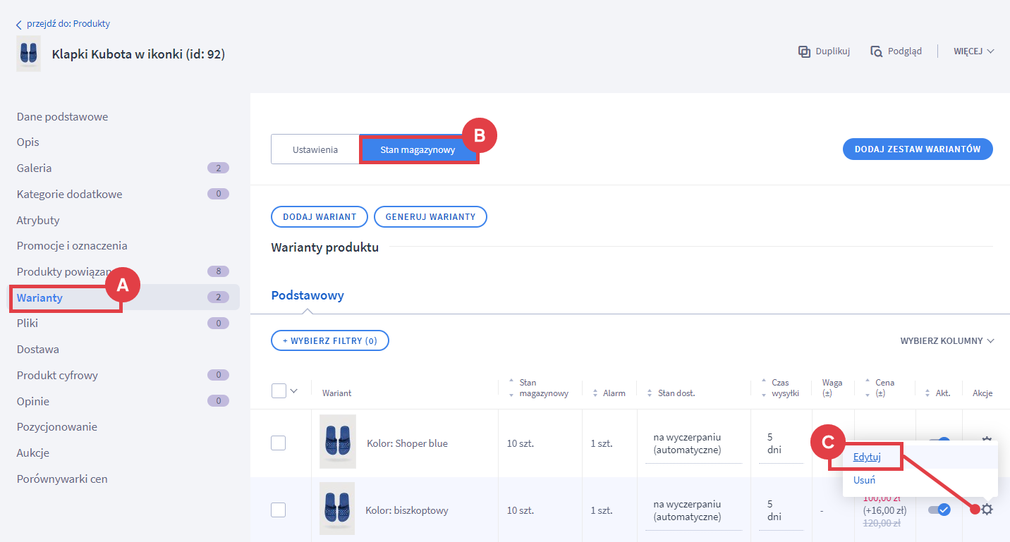 Warianty magazynowe produktów