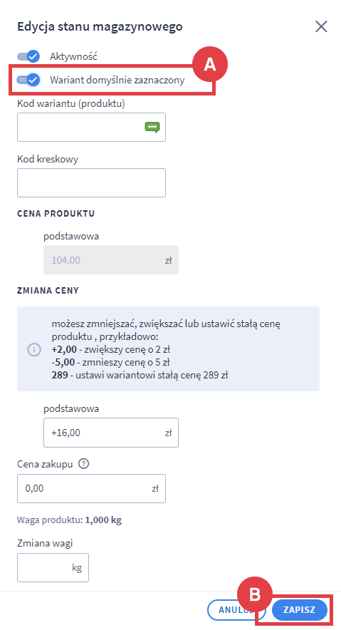 Warianty magazynowe produktów