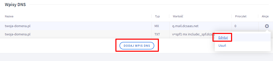 Edycja rekordów DNS