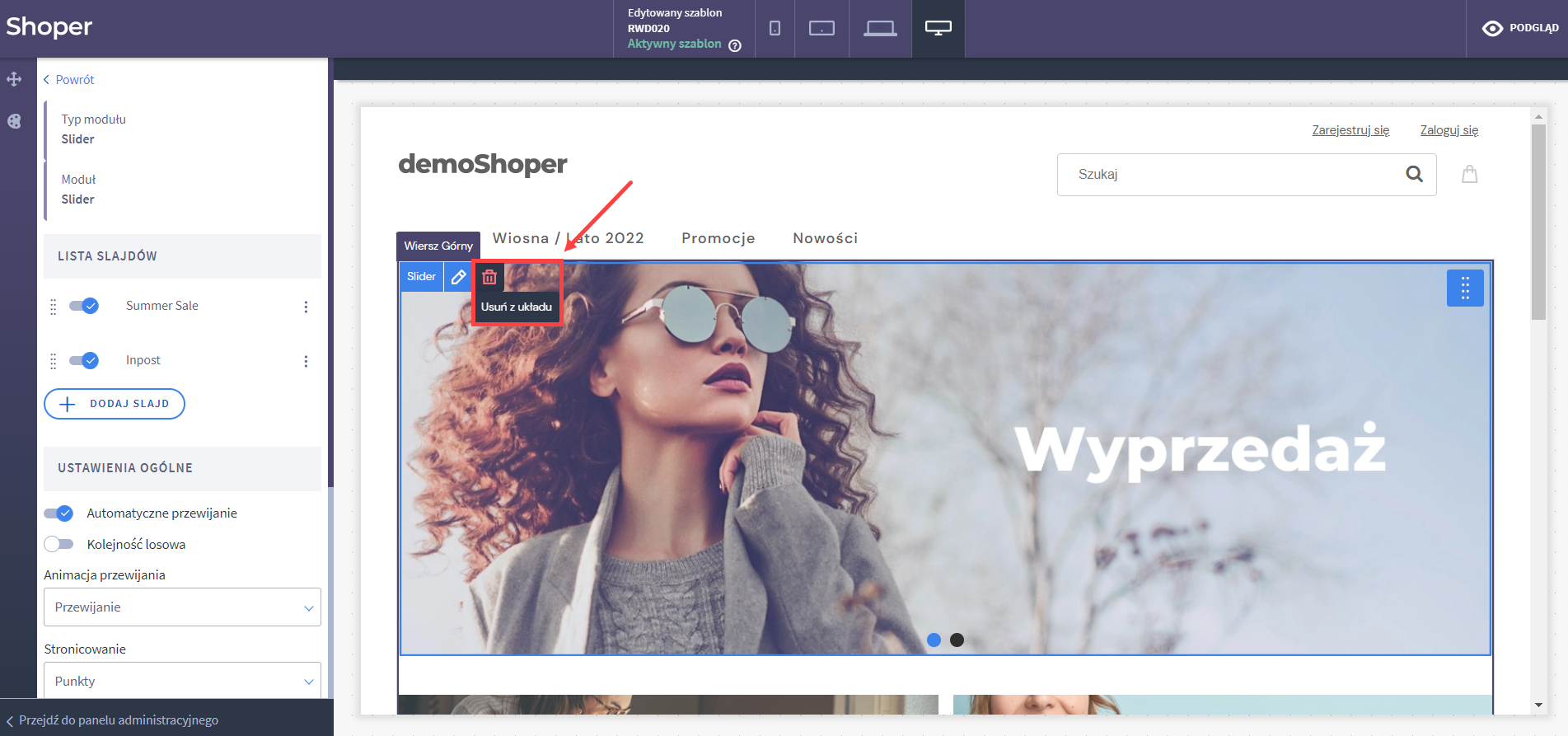 Konfiguracja Slidera w Shoper Visual Editor