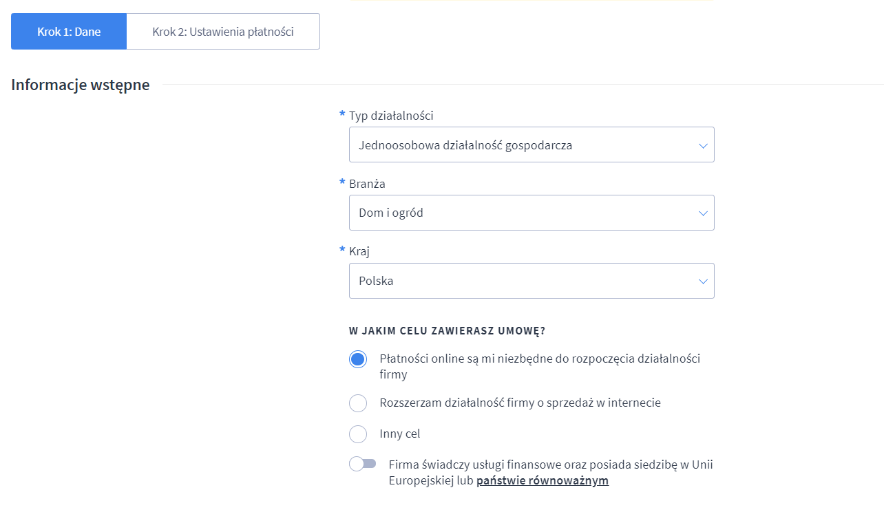 Formularz rejestracji usługi - Shoper Płatności