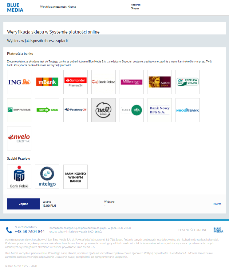 Wybór banku - Shoper Płatności