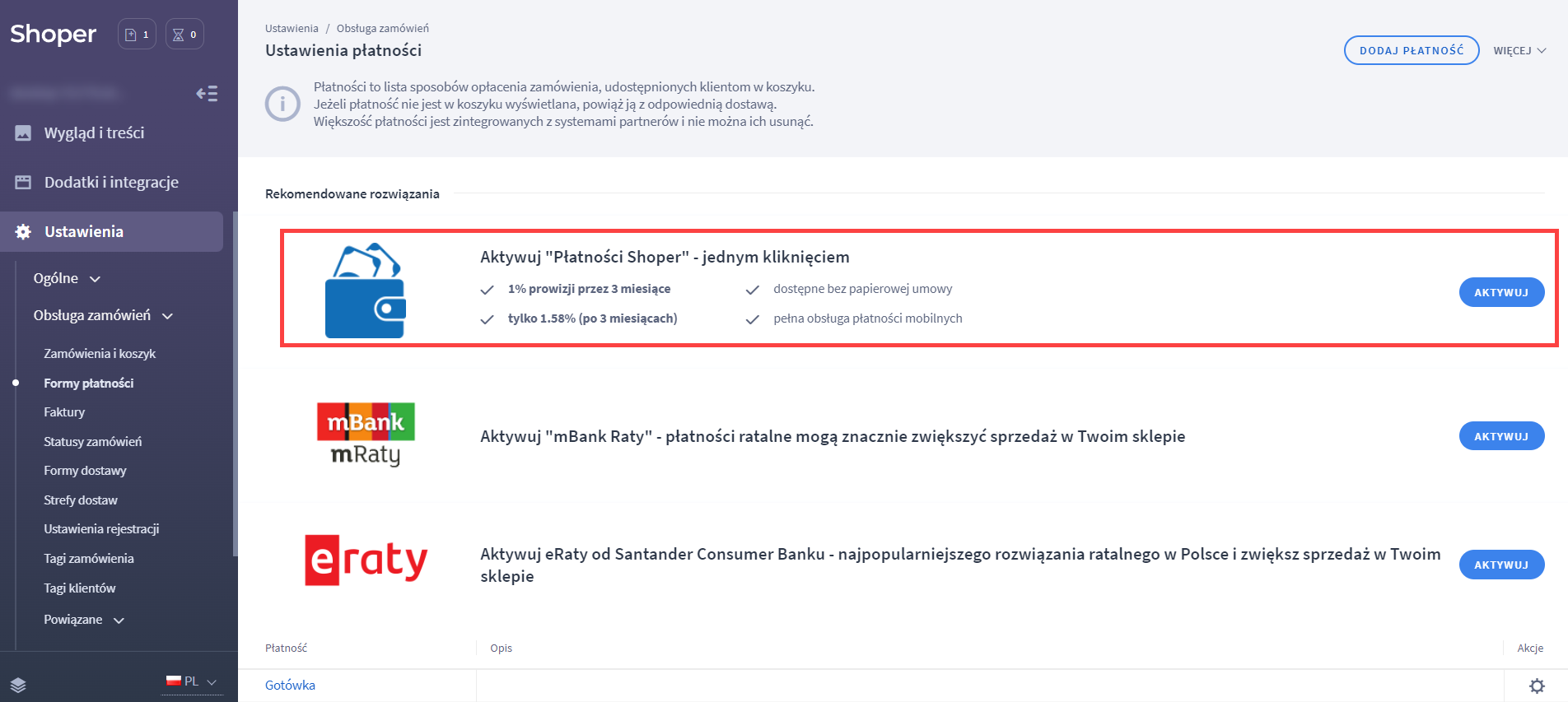 Aktywacja formy Shoper Płatności