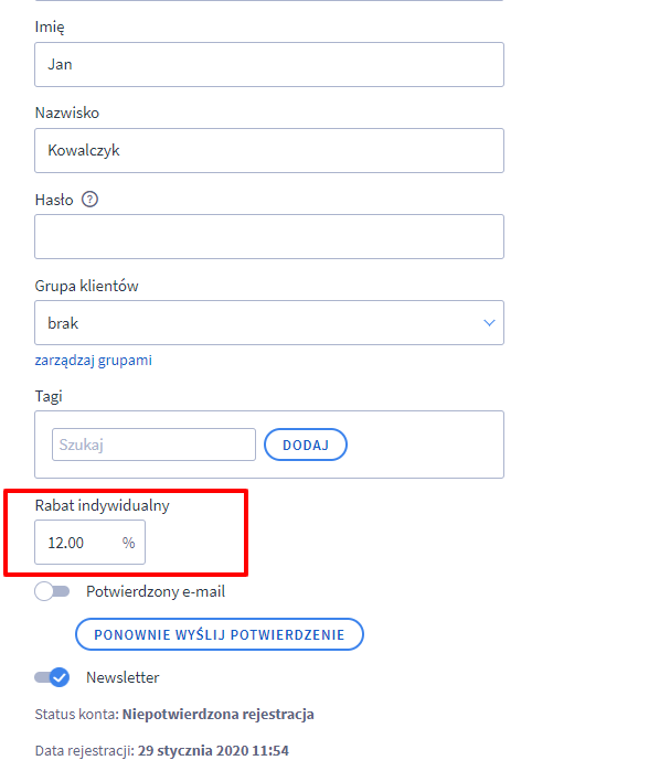 Pole w którym ustala się rabat indywidualny klienta