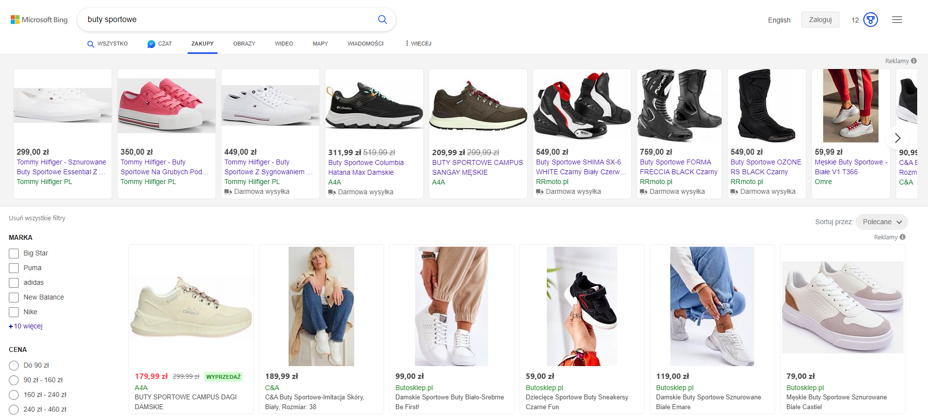 Wyszukiwarka Bing - reklamy w zakładce Zakupy