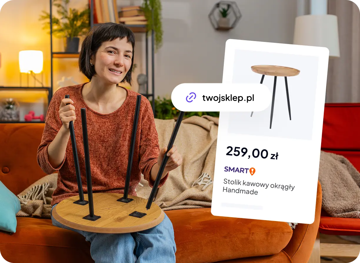 Kobieta trzyma w rękach własny produkt, a obok dodana jest wizualizacja karty tego produktu w sklepie internetowym