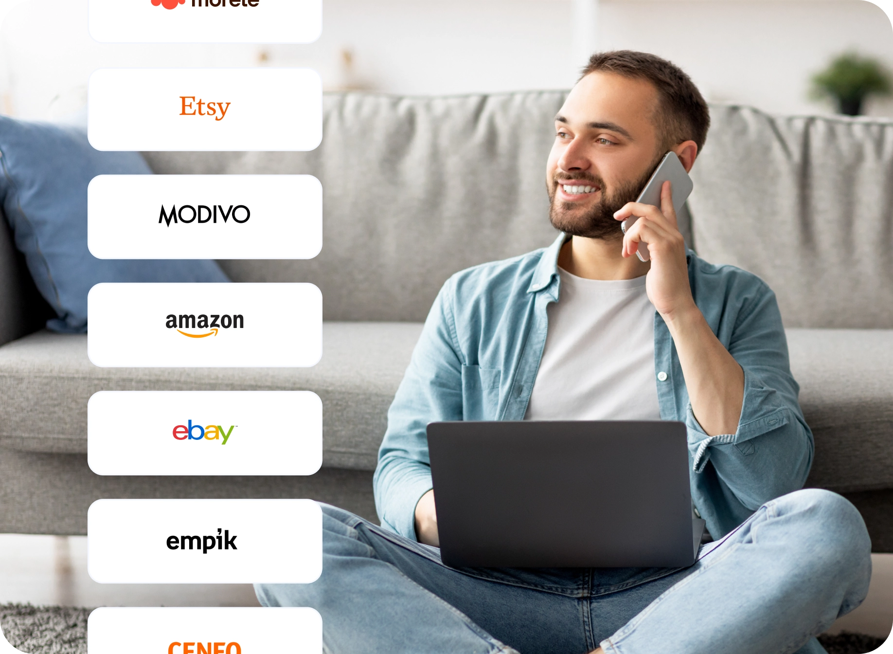 Wizerunek przedsiębiorcy i logotypy przykładowych serwisów marketplace (Amazon, eBay, Etsy, Modivo)