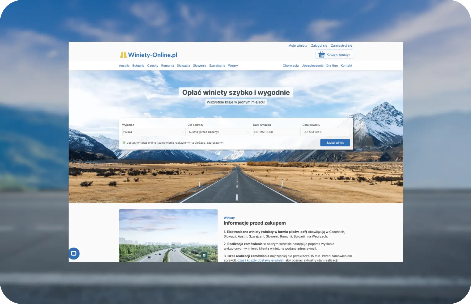 Strona sklepu z e-winietami na europejskie autostrady