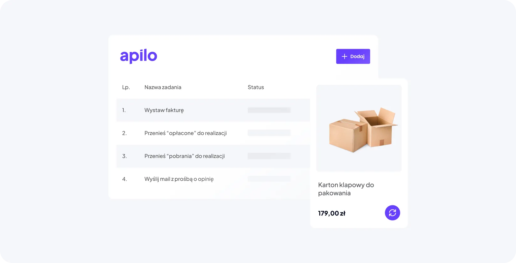 Widok z aplikacji Apilo dla sklepu internetowego bez magazynu