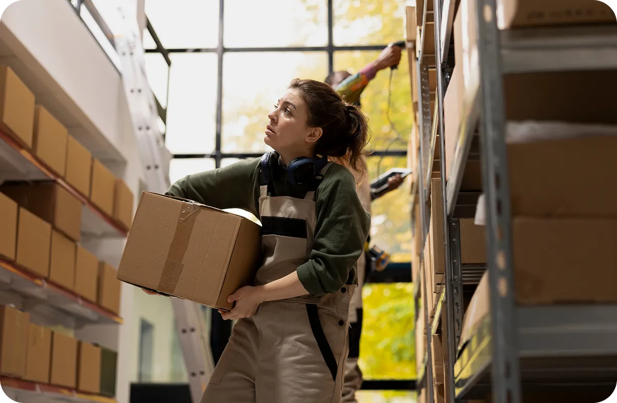 Kobieta jest w magazynie hurtowni - wie, skąd brać produkty do dropshippingu