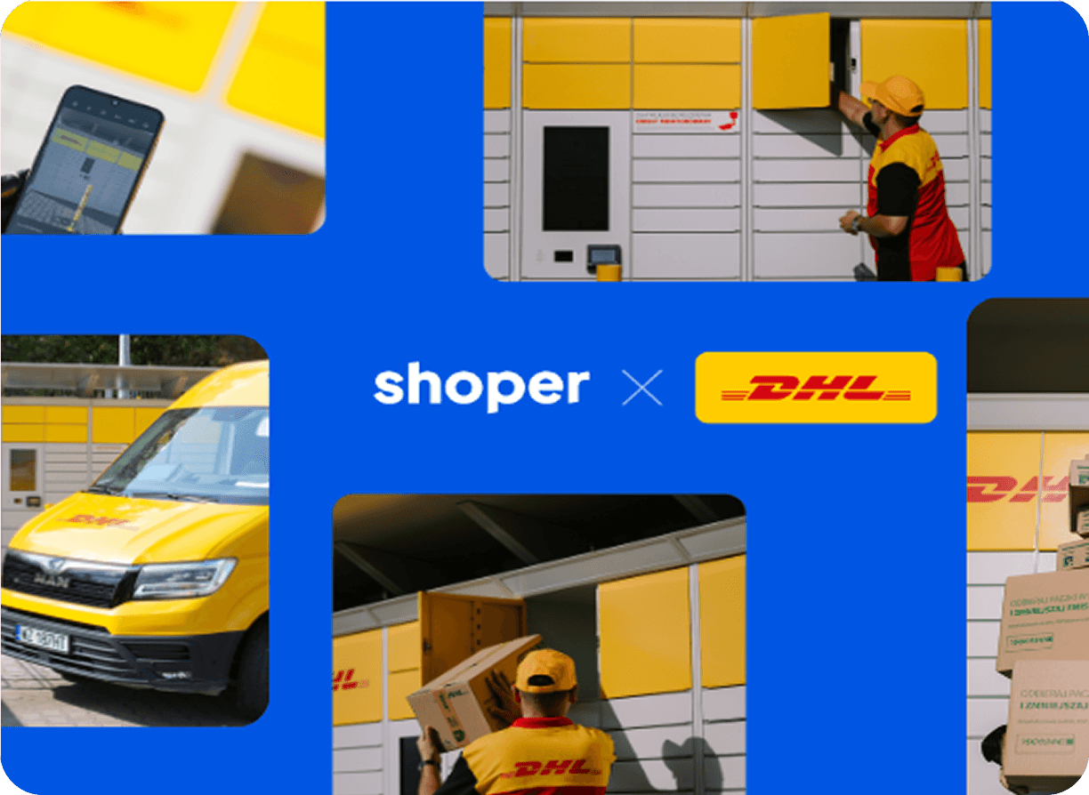 Kolaż zdjęć przedstawiający współpracę Shoper i DHL. Widoczne żółte busy dostawcze, kurier z paczkami gogreen, automat paczkowy oraz aplikacja mobilna na niebieskim tle z logo obu marek.